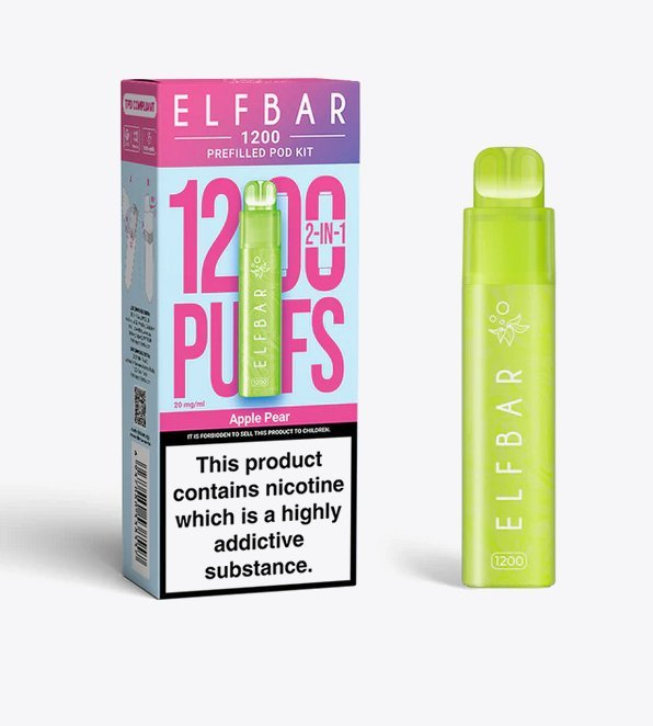 2 in 1 Elfbar 1200 Puffs Prefilled Pod Kit - Box of 5 available in Apple Pear Flavour at UK Vaper Wholesale