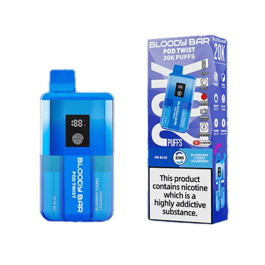 Bloody Bar Pod Twist 20K Prefilled Pod Kit Box of 5 in Mr Blue, and Blueberry Raspberry at UK Vaper Wholesale